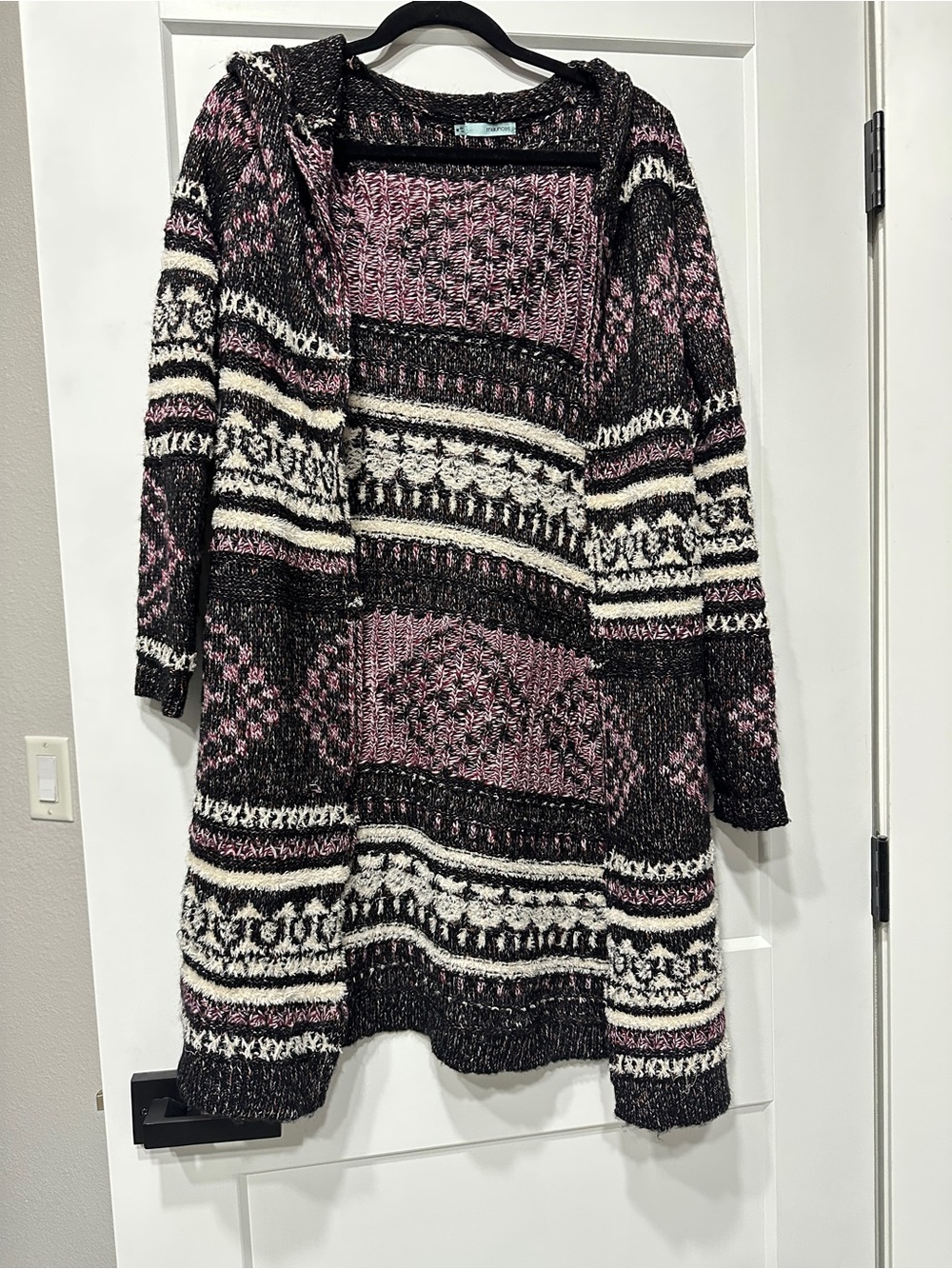 Maurices Hooded Patterned Knit Cardigan - Purple, Black & Cream